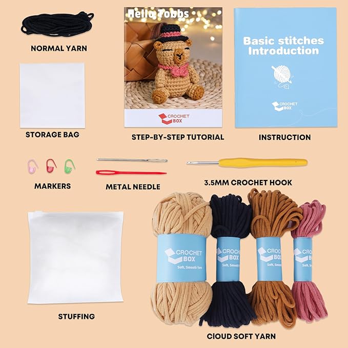 CrochetBox Crochet Kit for Beginners Adults - Capybara Starters Crochet Kit, Beginners Crocheting Kitting for Adults Teen, Craft Gifts with Crochets Yarns, Hook, Step-by-Step Video, Instruction