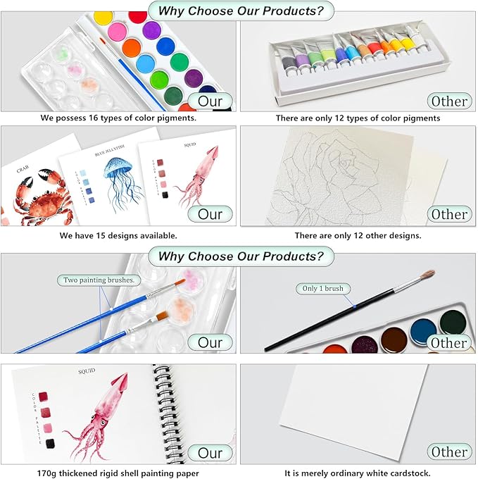 Watercolor Workbooks, 16 Colors Water Color Books Paint Set for Adults, Watercolor Coloring Book for Beginners, Water Color Workbook, 15 Beautiful Paintings for Beginners (Ocean Animals)