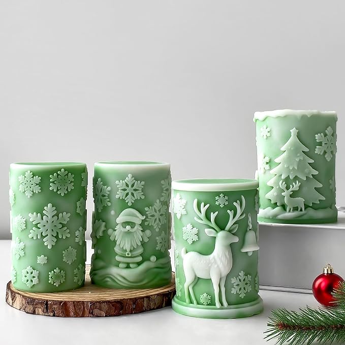 Christmas Deer Snowflake Santa Cylinder Candle & Resin Mold - Resin Casting Silicone Molds for Home Decor & Candle Making Wave Spiral Mold