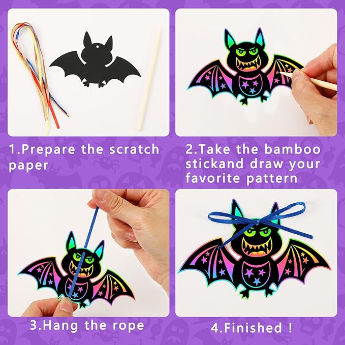 JULMELON 36Pcs Halloween Crafts, Rainbow Magic Halloween Scratch Art Paper Cute Bat Crafts School Classroom Activities Party Favors DIY Gifts