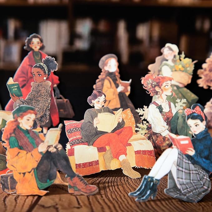 TIAMECH Library Girl Kraft Paper Stickers - 90 Pcs Reading Books Design, Sticker for Journaling & Scrapbooking, Junk Journal Supplies, Ephemera & DIY Crafts