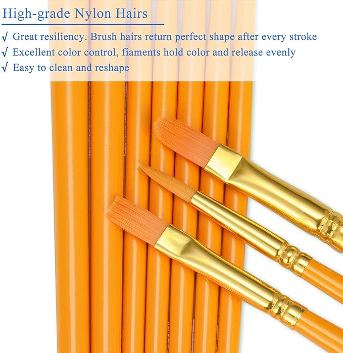 BOSOBO Paint Brushes Set, 10 Pieces Round Pointed Tip Paintbrushes Nylon Hair Artist Acrylic Paint Brushes for Acrylic Oil Watercolor, Face Nail Body Art, Miniature Detailing & Rock Painting, Orange