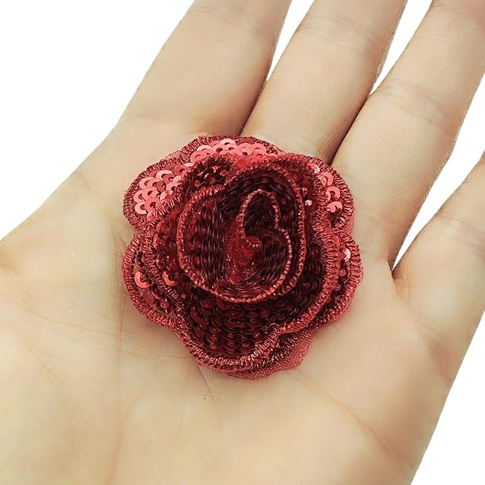 5 PC Rose Flower Sequins Lace Embroidery Patch Applique Trim Wedding Dress DIY Sewing Craft Clothes Applique, 1.6 Inch, Red