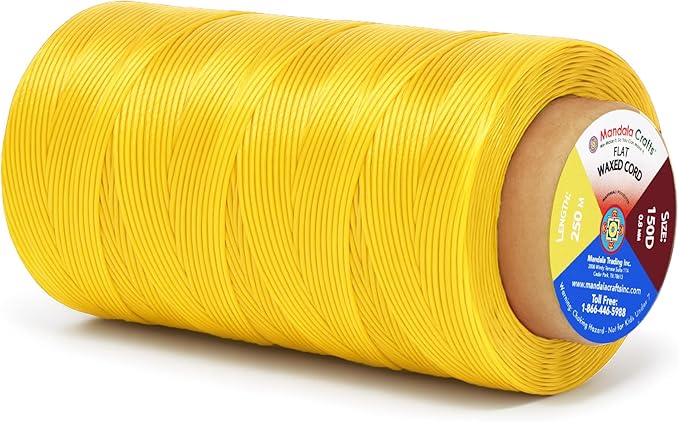Mandala Crafts Yellow Flat Waxed Thread for Leather Sewing - 273 Yds 150D 0.8mm Polyester Leather Thread String Waxed Cord for Leatherwork, Beading, Bookbinding, Hand Stitching