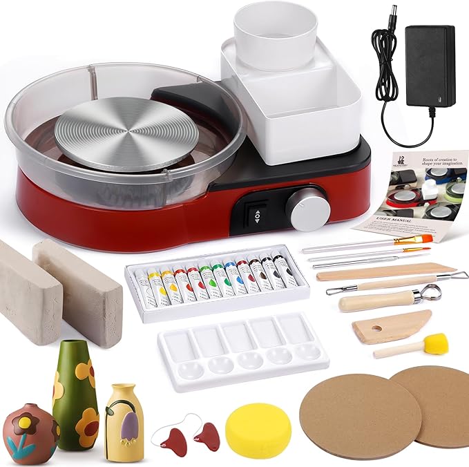 Pottery Wheel for Adults - Complete Pottery Tools Kit for Beginners, 6" Turntable Two-Way Rotation Adjustable Speed, 2.2 lbs. Air Dry Clay, Mini Clay Making Pottery Wheel with Storage Design (Red)