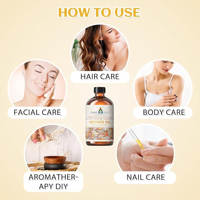 EVOKE OCCU Pure & Natural Vetiver Essential Oil for Skin, DIY, Candle and Soap Making - 4 Fl Oz