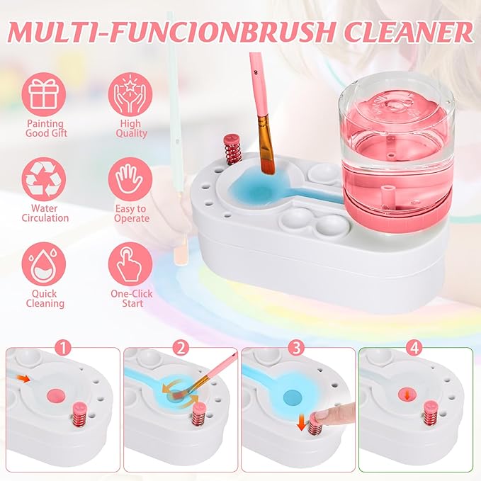 2025 New Painting Station, Paint Brush Cleaner (Pre-Assembled) and Silicone Painting Mat 20"X16" Silicone Art Mat with 10 Paint Brushes for Artist Kids Adults Birthday Gifts (Pink)