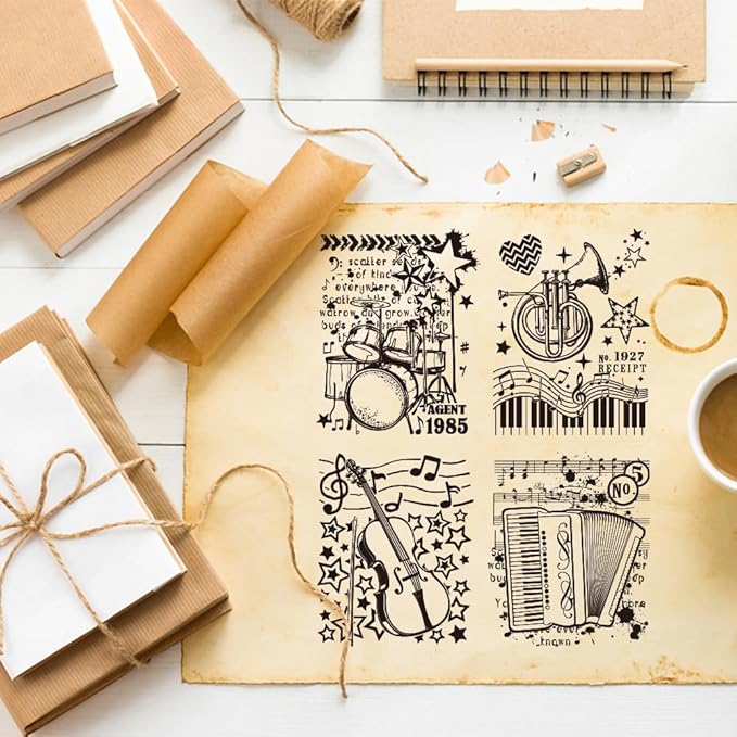 GLOBLELAND Vintage Music Background Cling Rubber Stamp Drum and Violin Musical Instrument 7x8.7inch Cling Stamps Embossing Stamp Seal for DIY Scrapbooking and Card Making Paper Craft Decor