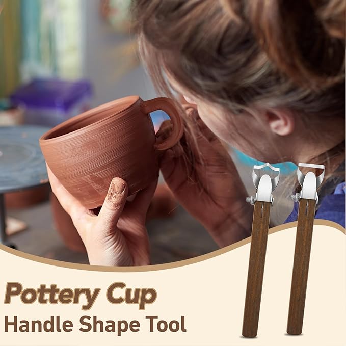 Therwen 2 Pcs Sculpture Scraper Pottery Carving Tool Pottery Cup Handle Shape Clay Extruder Tool Teacup Mug Handgrip Clay Cutters with Wooden Handle for Ceramic Sculpture Craft(Simple Style)