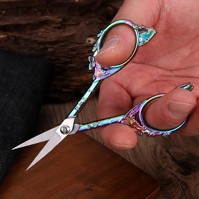 Sewing Embroidery Scissors – Small Vintage Sharp Detail Shears for Craft, Artwork, Needlework Yarn, Handicraft DIY Tool, Thread Snips, 4.7in Rainbow Butterfly Style