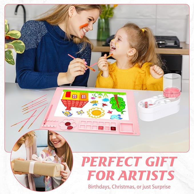 2025 New Painting Station, Paint Brush Cleaner (Pre-Assembled) and Silicone Painting Mat 20"X16" Silicone Art Mat with 10 Paint Brushes for Artist Kids Adults Birthday Gifts (Pink)