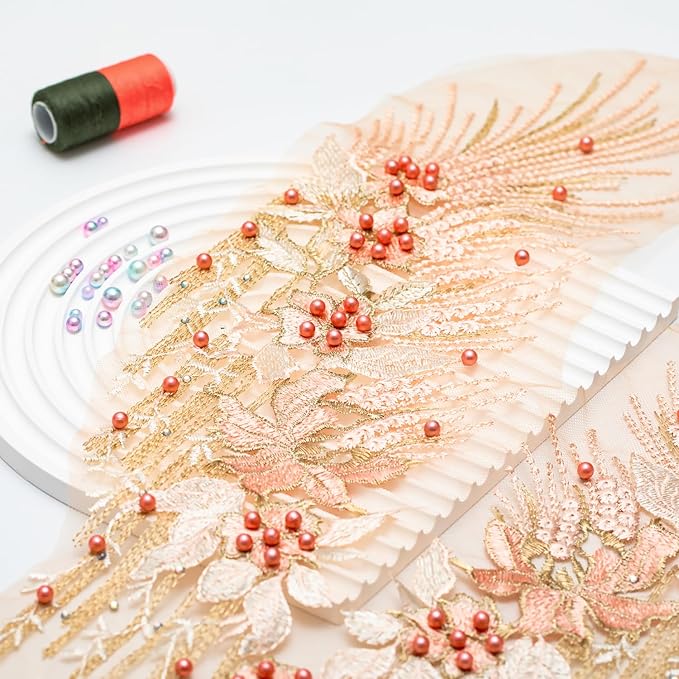 Beaded Pearl Flower Fabric Lace Applique, Floral Embroidered Patches Handmade Sewing Tool for DIY Neckline Bodice Wedding Bridal Prom Dress(Apricot-Small)