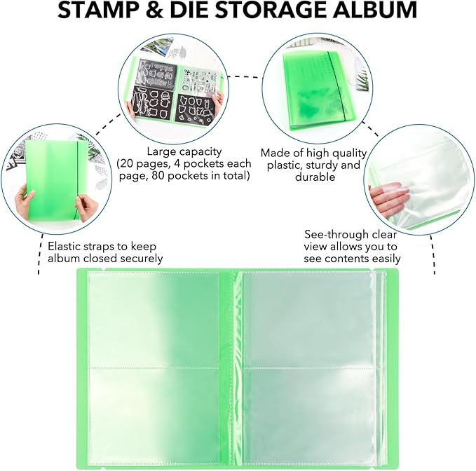 10 Pcs 0.3mm Magnet Sheets and 80 pockets/20 pages Storage Album for Stamp and Cutting Dies Storage Book Organizer Folder for Storage Die Cutting, DIY Scrapbooking Card Making Supplies (Green)