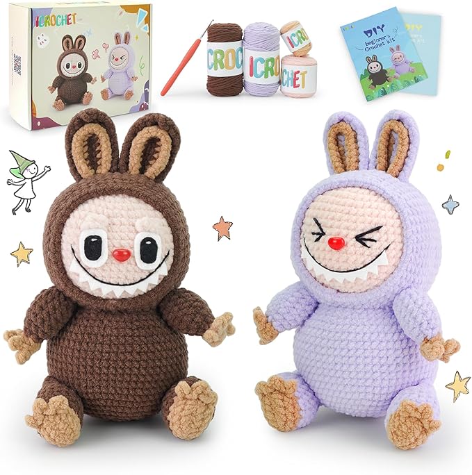 Crochet Kit for Beginners, 2 PCS Crochet Starter Kit with Step-by-Step Video Tutorials, Include Easy Knitting Soft Yarn, Christmas Birthday Gift for Adults and Kids