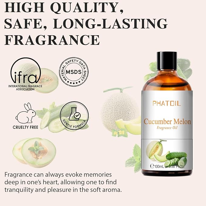 PHATOIL Cucumber Melon Fragrance Oils for Aromatherapy, 3.38FL.OZ Diffuser Oils for Home, Perfect for Aromatherapy, Humidifiers, Yoga, DIY Candle and Soap Making - 100ml