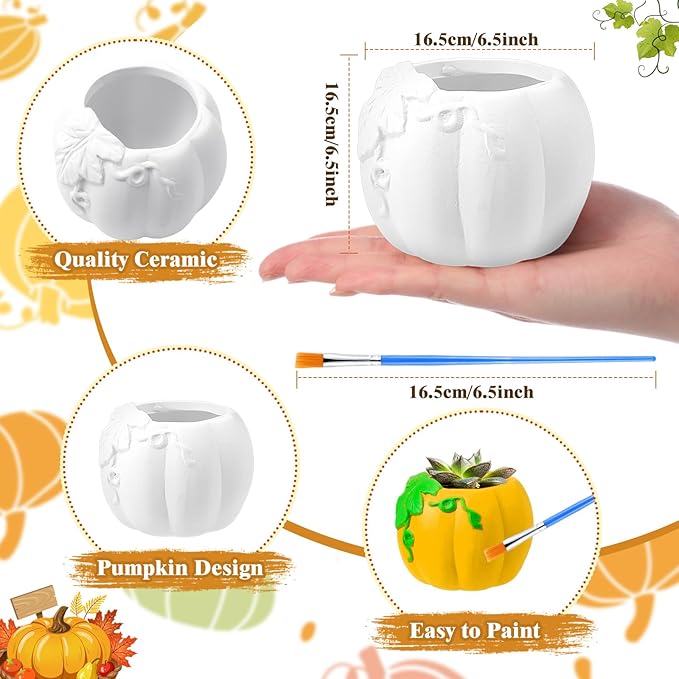 Pasimy 6 Set DIY Ceramic Succulent Planter Pots Paint Your Own Flower Pots Craft Kit Unpainted Bisque Paintable Flowerpot with Brush Palette Ready to Paint for Family Activity Gift(Pumpkin)