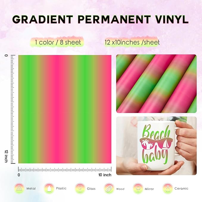 Tintnut Green Pink Permanent Vinyl - 8 Sheets 12"x10"Gradient Adhesive Self Sticker, Ombre Glossy Self Sticker Wtaer proofingVinyl Compatible with Cricut Or Silhouette