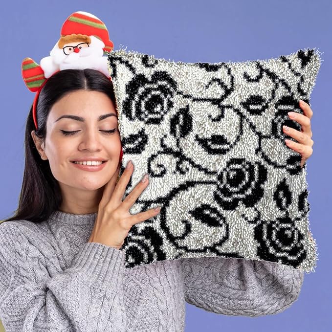 DL-YTG Latch Hook Kits Pillow Black Rose Flower Crochet Yarn Cushion Colour Pre-Printed Canvas Rug Needlework DIY Pillowcase Hook and Latch Kit Christmas Home Crafts Sofa Decoration 42x42cm/17 X17