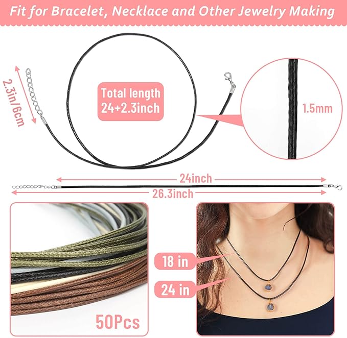 Necklace Cord, Paxcoo 50Pcs Necklace String Rope with Clasp, 24 Inch Waxed Cotton Cord Necklace Bulk for Charms Pendants, Bracelets, Necklaces, Jewelry Making Supplies and Beading Supplies
