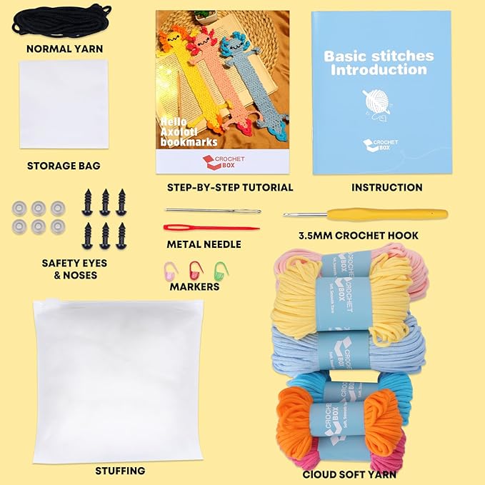 CrochetBox Crochet Kit for Beginner, Axolotls Bookmarks Easy Learn How to Crochet Stuffed Animals Gift for Adults and Teen(), Knitting Set with Yarn Hook Stitch-by-Stitch Video Tutorial(30%+ Yarn)