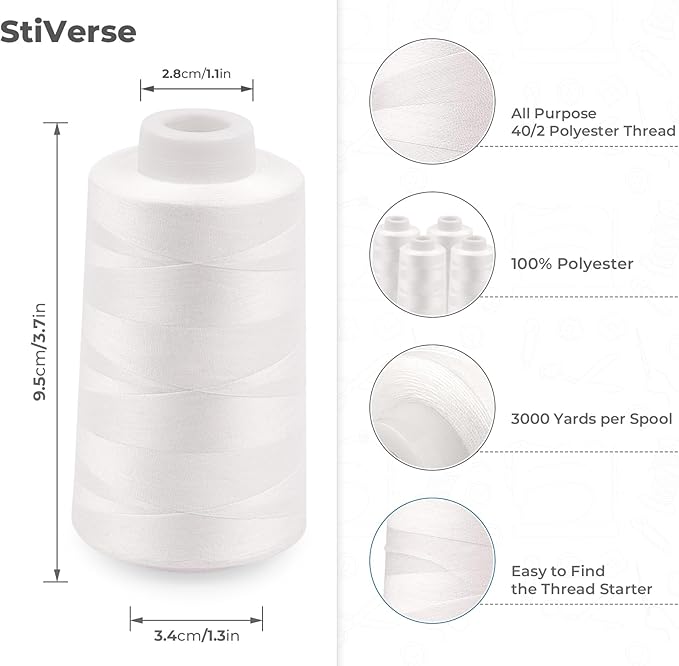 Serger Thread 4 Cones 3000 Yards Each Spool All Purpose Polyester Thread 40S/2 for Sewing, Serger, Overlock, Quilting, Piecing - Black+White