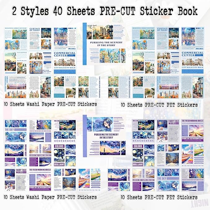 40 Sheets Pre-Cut PET Washi Sticker Books for Journaling, 2Pack Watercolor City and Night Sky Themes, Scrap Book Stickers for Scrapbooking, Junk Journal Supplies, Aesthetic Collage