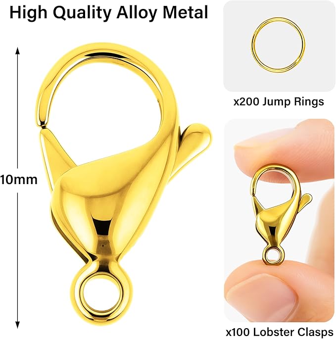 Mandala Crafts 10mm Gold Color Metal Lobster Clasps for Jewelry Making - 100 Lobster Claw Clasps with Jump Rings Jewelry Findings Kit for Necklaces Bracelets Charms Fasteners