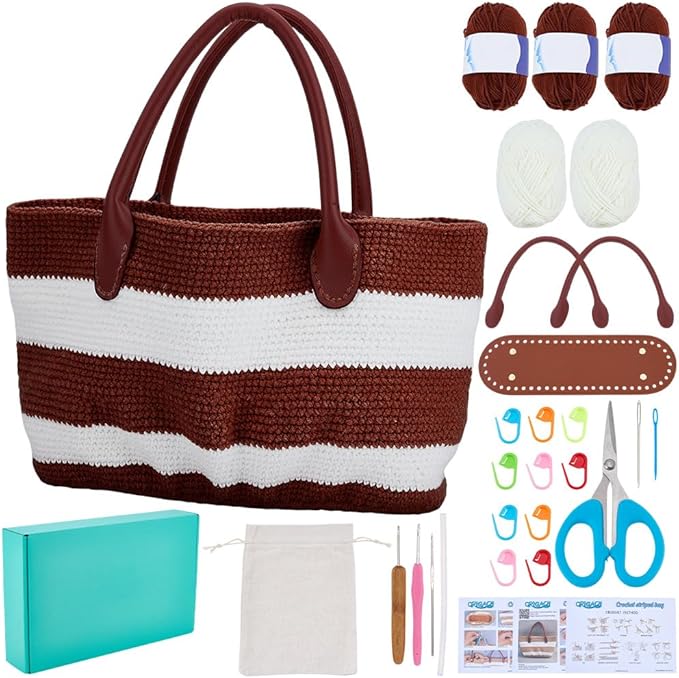 ORIGACH DIY Crochet Handbag Kit for Beginners, Chocolate Brown Striped Crochet Bag with PU Leather Band and Base, Include Yarn, Crochet Hooks, Markers and Instruction