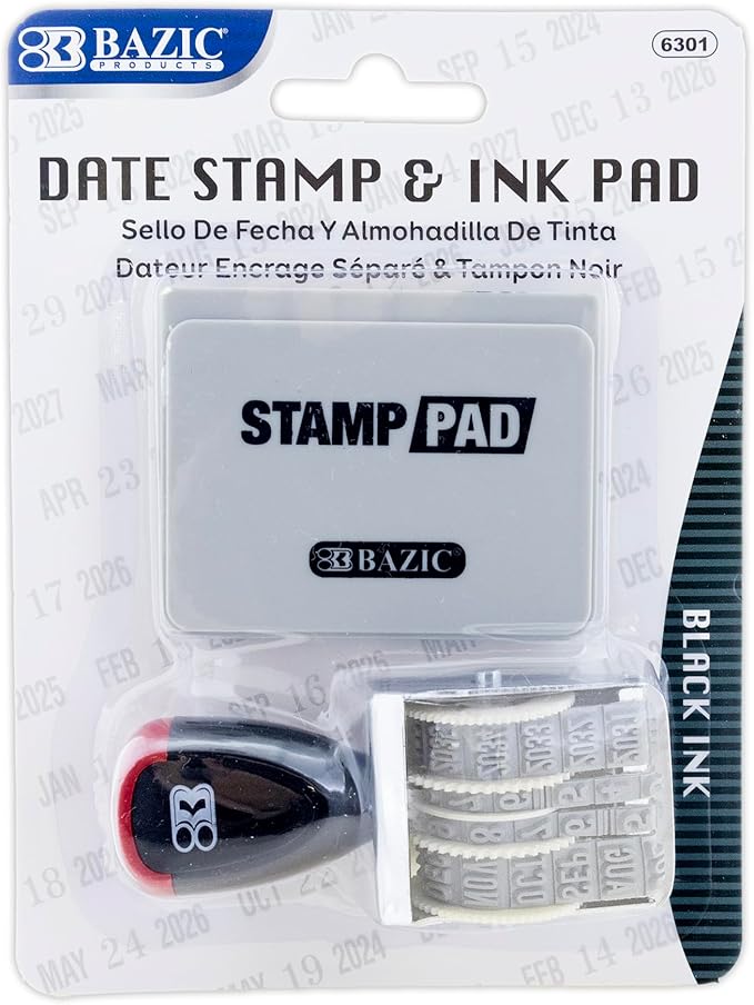 BAZIC Date Stamp and Ink Pad (Black Ink), 12 Years of Dates, Nickel-Plated Steel, Stamp Impression Size 1" x 0.15", 144-Packs