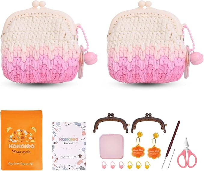 KANALOA Crochet Kits for Beginners - Handmade Craft DIY Knitting Set with Yarn,Hooks,Video Tutorials - Nice Gifts for Adults,Women - Mini Vintage Kisslock Wallet Coin Change Purses Pouch Storage Bag