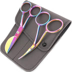 Small Embroidery 4.5 Inch Scissors Set of 2 Kit - Mini Double Bend Offset Duckbill and Double Bend Long Applique Needlepoint Blade with Pouch Sleeve (Rainbow)