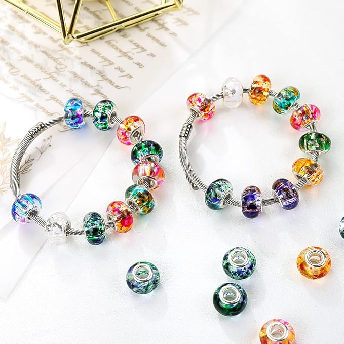 100 Pieces 14mm European Large Hole Spacer Beads Mix Color with Silver Brass Cores Assortments Charm Lampwork Beads Supplies for Necklace Bracelets Jewelry Making (Transparent Spray)