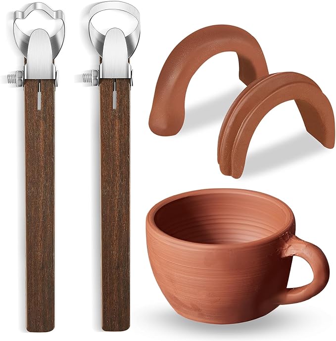 Therwen 2 Pcs Sculpture Scraper Pottery Carving Tool Pottery Cup Handle Shape Clay Extruder Tool Teacup Mug Handgrip Clay Cutters with Wooden Handle for Ceramic Sculpture Craft(Classic Style)