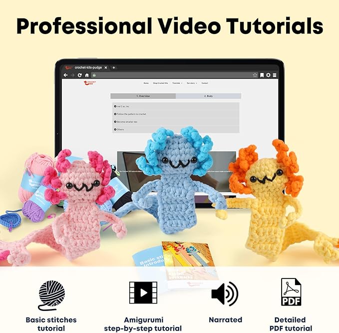 CrochetBox Crochet Kit for Beginner, Axolotls Bookmarks Easy Learn How to Crochet Stuffed Animals Gift for Adults and Teen(), Knitting Set with Yarn Hook Stitch-by-Stitch Video Tutorial(30%+ Yarn)