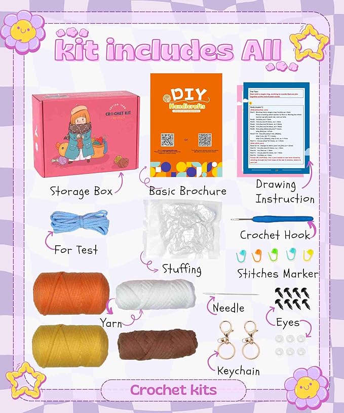 yhwsymgmho Crochet Kit for Beginners:2pcs Animals amigurumi Crochet Starter Kits with Step-by-Step Video Tutorials,Easy Knitting Set for Adults Kids,DIY Crocheting Doll Gift(Tiger & Giraffe)