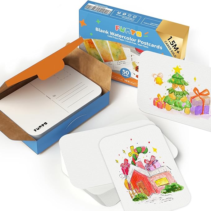 Funto Blank Watercolor Paper Postcards, 50 Cards, 4x6, 140lb/300gsm, Acid-Free Heavyweight Art Paper for Thank You Notes & Greeting Cards