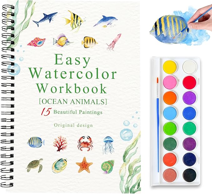 Watercolor Workbooks, 16 Colors Water Color Books Paint Set for Adults, Watercolor Coloring Book for Beginners, Water Color Workbook, 15 Beautiful Paintings for Beginners (Ocean Animals)