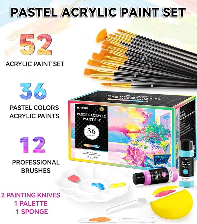 52 PCS Pastel Acrylic Paint Set with 12 Brushes, 2 Knives & Palette, 36 Colors (2oz/60ml) Art Craft Paint for Adults Kids Artists Beginners, Canvas Ceramic Rocks Wood Painting Kit Art Supplies