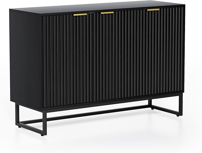 Fluted Storage Cabinet with 3 Doors, Sideboard Buffet Cabinets with Adjustable Shelves, Multifunctional Console Table with Storage Credenza for Living Room, Hallway, Black