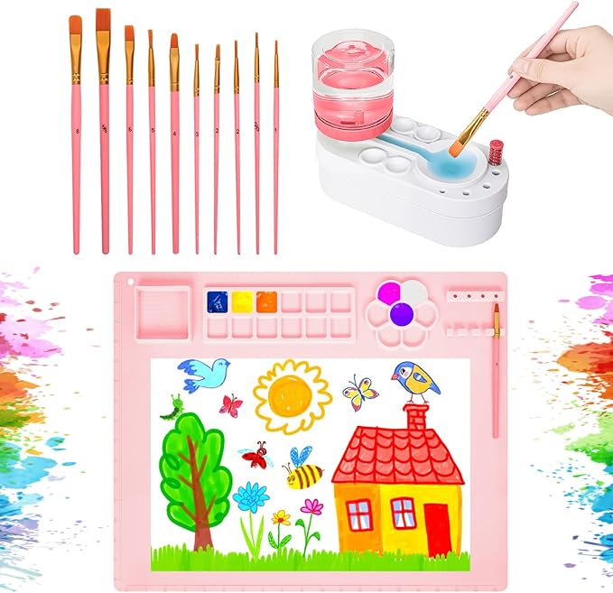 2025 New Painting Station, Paint Brush Cleaner (Pre-Assembled) and Silicone Painting Mat 20"X16" Silicone Art Mat with 10 Paint Brushes for Artist Kids Adults Birthday Gifts (Pink)