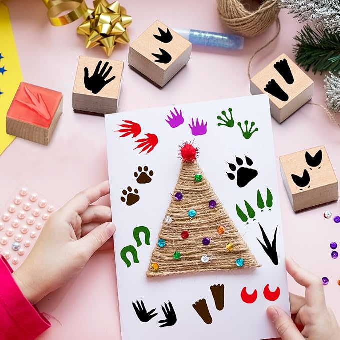 MotiMind 18 Pcs Animal Footprints Wood Stamps Set Wooden Rubber Holiday Stamps for Card Making Decoration and Scrapbooking Supplies