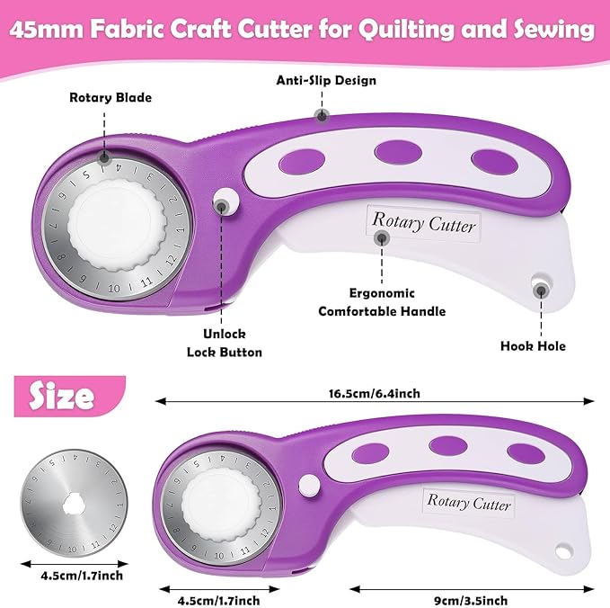 Rotary Fabric Cutter and Mat Set, Audab Self Healing Sewing Mats Shirt Cutter 45mm Rotary Cutting Wheel with Fabric Tool Blades for Cloth Crafts Quilting Scrapbooking Hobby (A4 9" x 12" Purple)