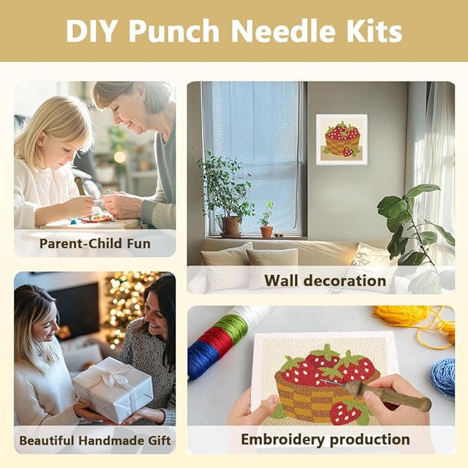 Doodlream Strawberries DIY Punch Needle Embroidery Kit for Adult Beginner, 9.4" A Basket of Strawberries Punch Stitching Craft Set for Starter with Frame, Fabric Pattern, Threader, Yarn, Pinch Needle