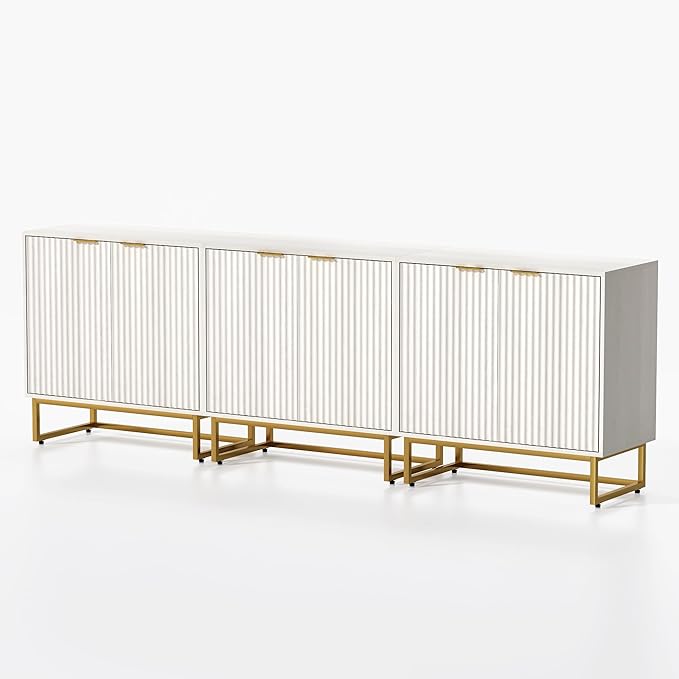 Fluted Storage Cabinet Set of 3,Sideboard Buffet Cabinet with Adjustable Shelves,Multifunctional Console Table with Storage Credenza Accent Cabinet for Living Room, Dining Room, White