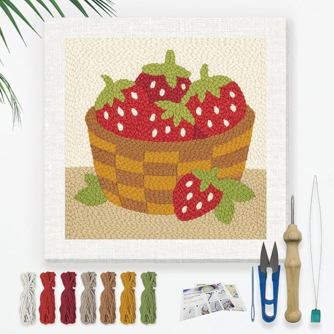 Doodlream Strawberries DIY Punch Needle Embroidery Kit for Adult Beginner, 9.4" A Basket of Strawberries Punch Stitching Craft Set for Starter with Frame, Fabric Pattern, Threader, Yarn, Pinch Needle