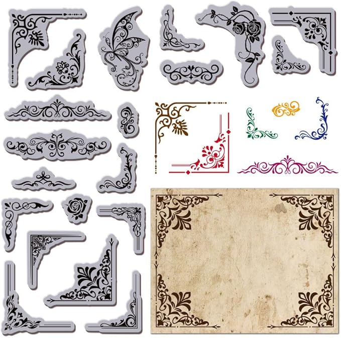 GLOBLELAND Retro Flower Corner Cling Rubber Stamp 8.7"x7" Vintage Butterfly Corner EVA Stamps Embossing Stamp Seal Rubber Stamps for DIY Scrapbooking and Card Making Paper Craft Decor