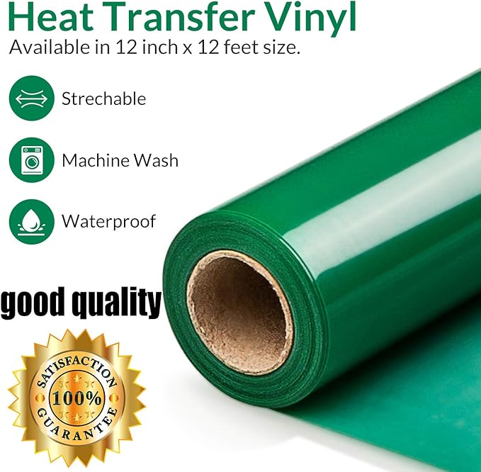 HTV Green Heat Transfer Vinyl Rolls 12 Inch by 8feet Roll Iron on DIY for T-Shirt Easy to Cut & Weed for Heat Vinyl Design Glossy (8Ft, Green)