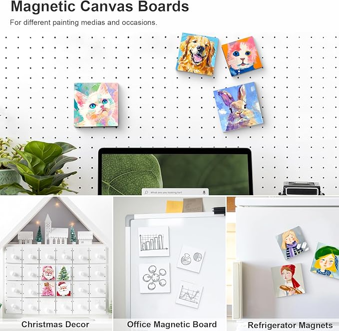 AUREUO Mini Magnetic Canvas Panel 4x4 Inch / 24 Pack - Small Square Flat Canvas Board with Magnet Back Art Gift Set, Bulk Pack Tiny Thin Canvases for Acrylic Painting & Craft