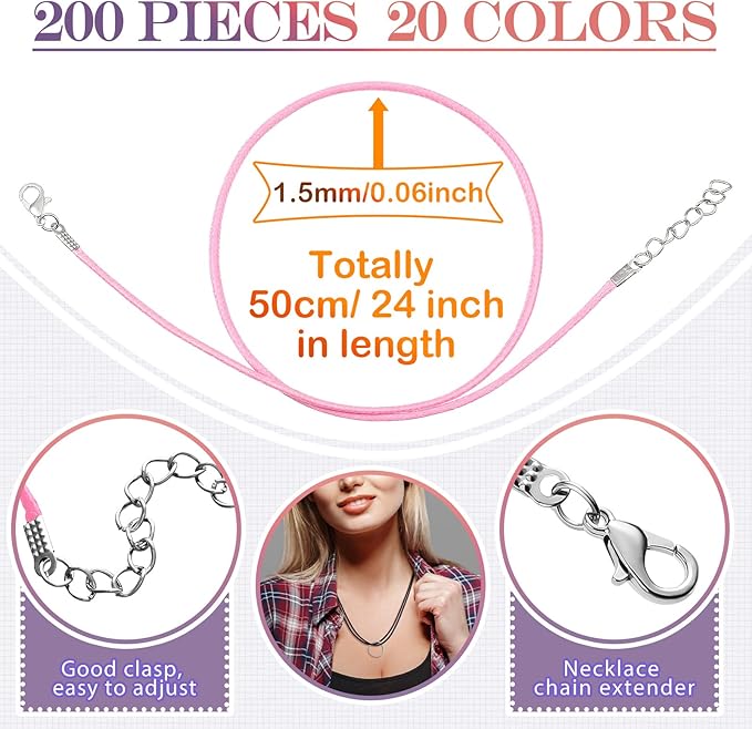 Tudomro 100 Pieces 20 Inch Waxed Leather Necklace Cord Bulk with Clasp Colorful Necklace Bracelet Chains String Rope Cord for Jewelry Making Pendants Charms(Rainbow Color)