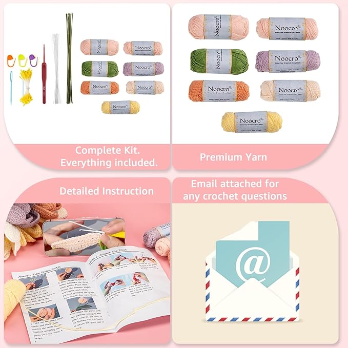 Noocro Crochet Kit Flower Bouquet, Rose, Lily Myosotis, Poppy, Tulip and Orchid with Video Tutorial and Detailed Instructions, Complete Kit Craft Supplies Holiday Gift (Tulip)